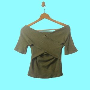 Love Riche Olive Green Ribbed Off The Shoulder Criss-Cross V Neck Going Out Top